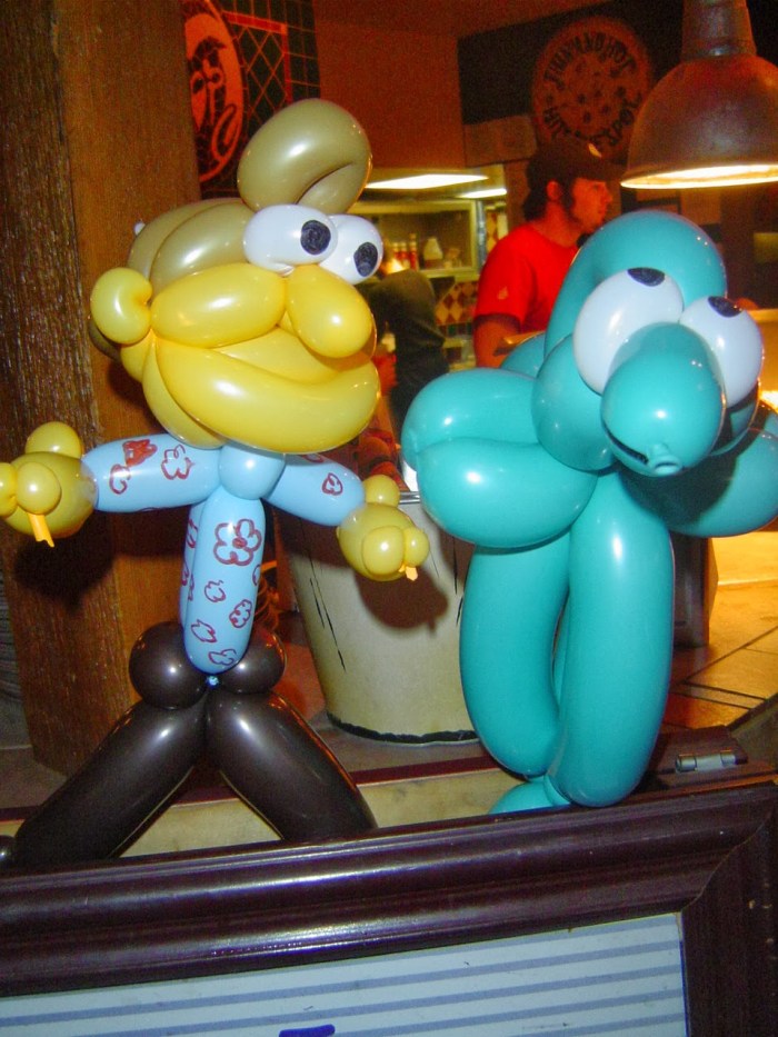 Two colorful balloon characters from an earlier Jasbo event.
